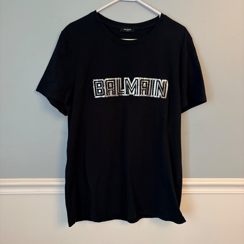 Balmain Paris Mens T-Shirt Silver Metallic Embossed Foil Logo Crewneck Tee XXL